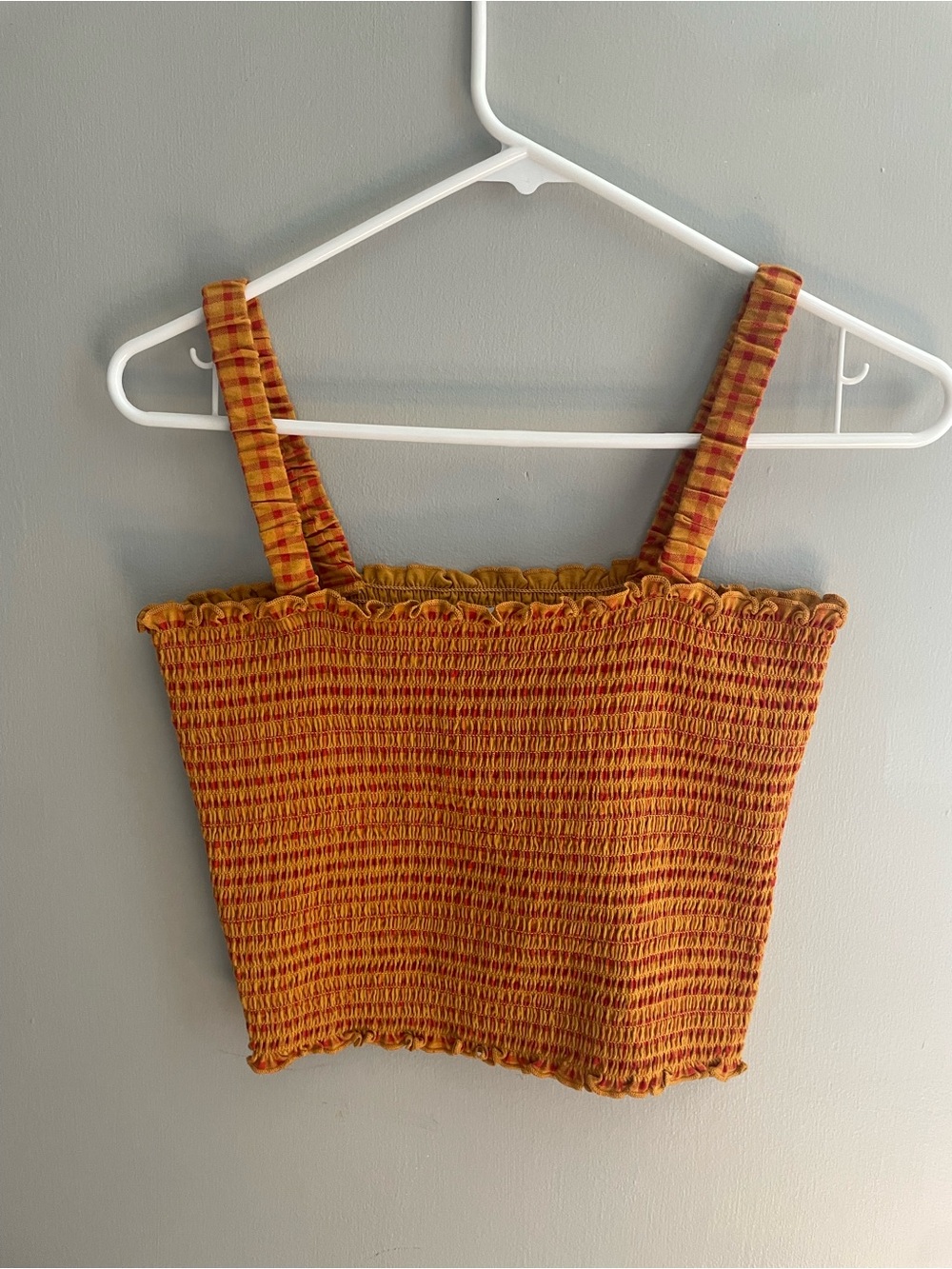 Arizona Jean Co Smocked Crop Top‎ | Mustard + Red Check | Size L